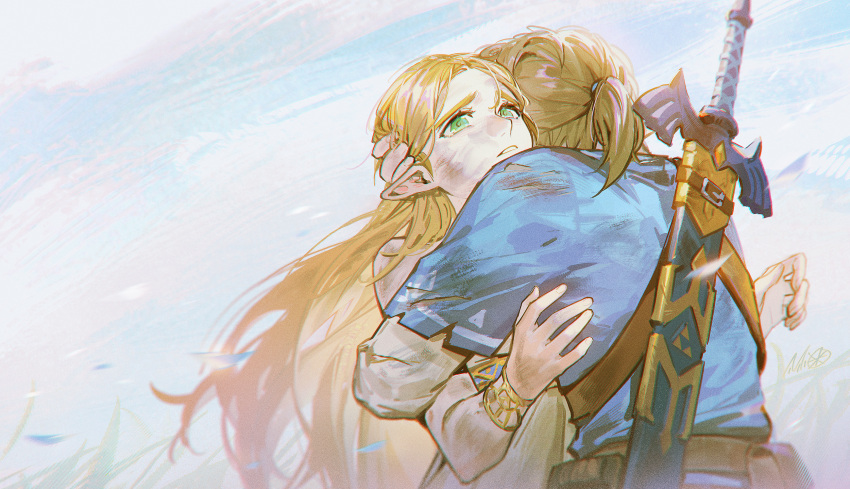 1boy, 1girl, alzi_xiaomi, bangs, blonde_hair, crying, elf, green_eyes