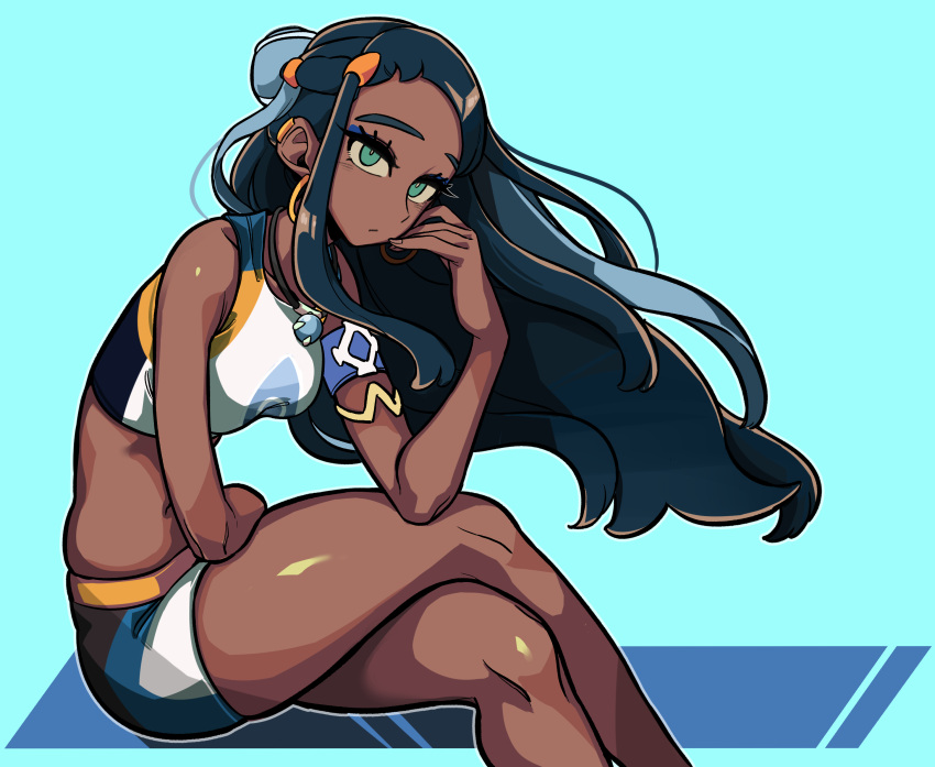 1girl, absurdres, armlet, blue_eyeshadow, dark_skin, dark-skinned_female, earrings, eyeshadow