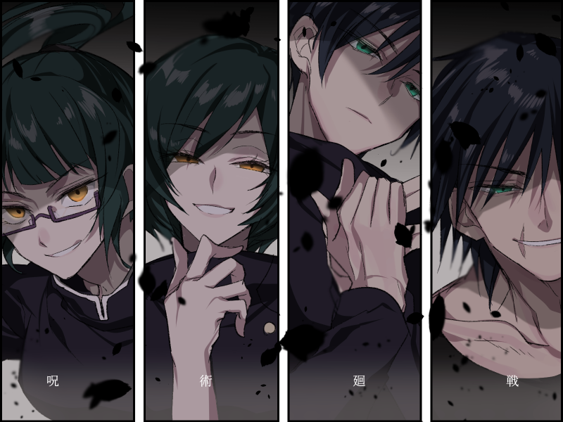 bangs, black_hair, black_jacket, black_shirt, blunt_bangs, brown_eyes, closed_mouth, column_lineup