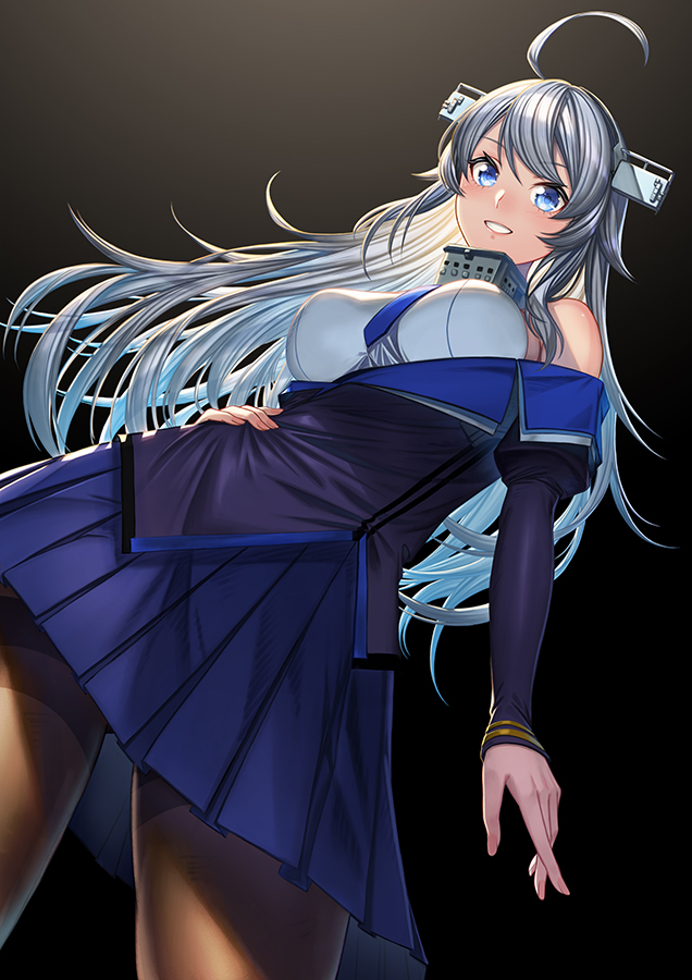 1girl, ahoge, bare_shoulders, blue_eyes, blue_jacket, breasts, commentary_request, from_below, grin, hand_on_hip, jacket, kantai_collection, large_breasts, long_hair, looking_at_viewer, pantyhose, pleated_skirt, silver_hair, skirt, smile, solo, teeth, unowen, washington_(kantai_collection)
