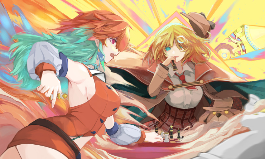 2girls, aqua_eyes, aqua_hair, bare_shoulders, belt, blonde_hair, board_game, brown_coat