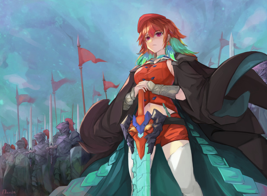1girl, 6+others, aqua_choker, armor, black_coat, breastplate, choker, closed_mouth, coat, coat_on_shoulders, earrings, feather_earrings, feathers, flag, full_armor, gauntlets, green_hair, hair_between_eyes, hands_on_hilt, hat, helm, helmet, highres, holding, holding_sword, holding_weapon, hololive, hololive_english, jewelry, long_hair, multicolored, multicolored_hair, multiple_others, open_hand, orange_hair, outdoors, pauldrons, red_headwear, shield, shoulder_armor, signature, standing, sword, takanashi_kiara, tunnarata, vambraces, violet_eyes, weapon, white_legwear
