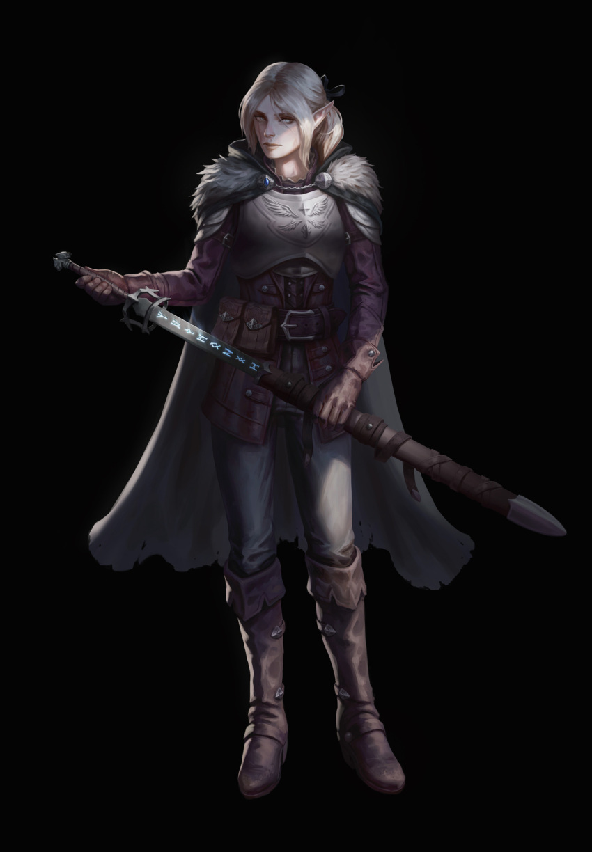 1girl, armor, backlighting, belt, belt_pouch, black_background, blonde_hair, blue_eyes