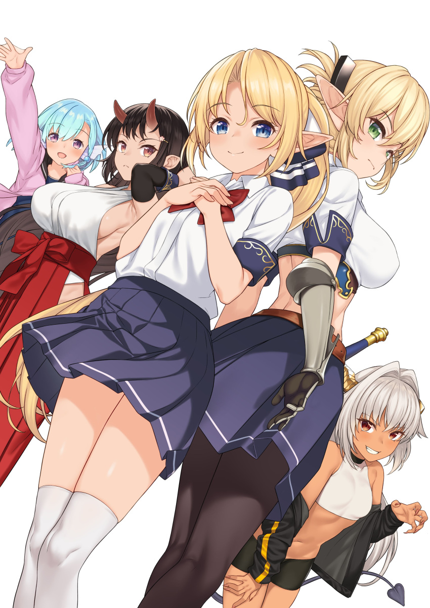 5girls, absurdres, aegis_(takunomi), bike_shorts, black_hair, black_legwear, blonde_hair, blue_eyes, blue_hair, braid, breasts, crop_top, dark_skin, detached_sleeves, dutch_angle, elf, elliot_leucosia, enjou_kouhai_oshiego_wa_elf_ryuu_ningyo_jinrou, flat_chest, gauntlets, green_eyes, grin, hair_between_eyes, hair_ornament, hairclip, hakama, highres, horns, iris_(takunomi), japanese_clothes, large_breasts, long_hair, midriff, multiple_girls, navel, novel_illustration, official_art, oni_horns, origamine_ouka, pantyhose, pleated_skirt, pointy_ears, ponytail, school_uniform, side_braid, sideboob, silver_hair, simple_background, single_gauntlet, skirt, sleeveless, smile, tail, takunomi, thigh-highs, ursula_(takunomi), violet_eyes, white_background, white_legwear