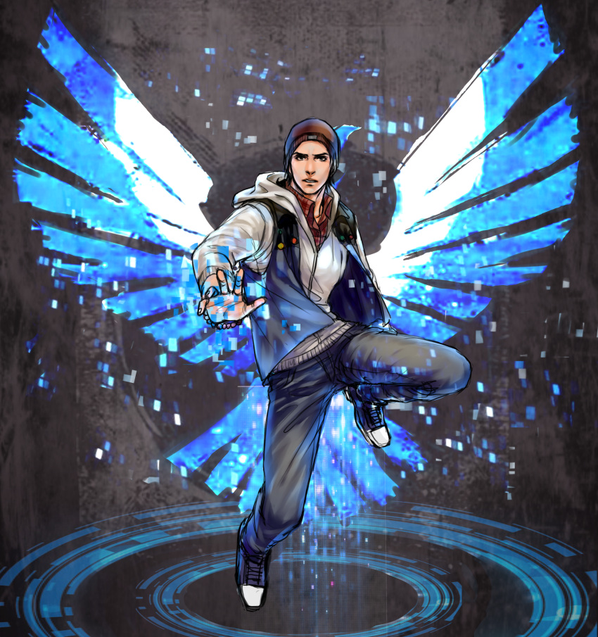 1boy, beanie, blue_wings, brown_hair, cang_fade, delsin_rowe, digital_dissolve, energy_wings