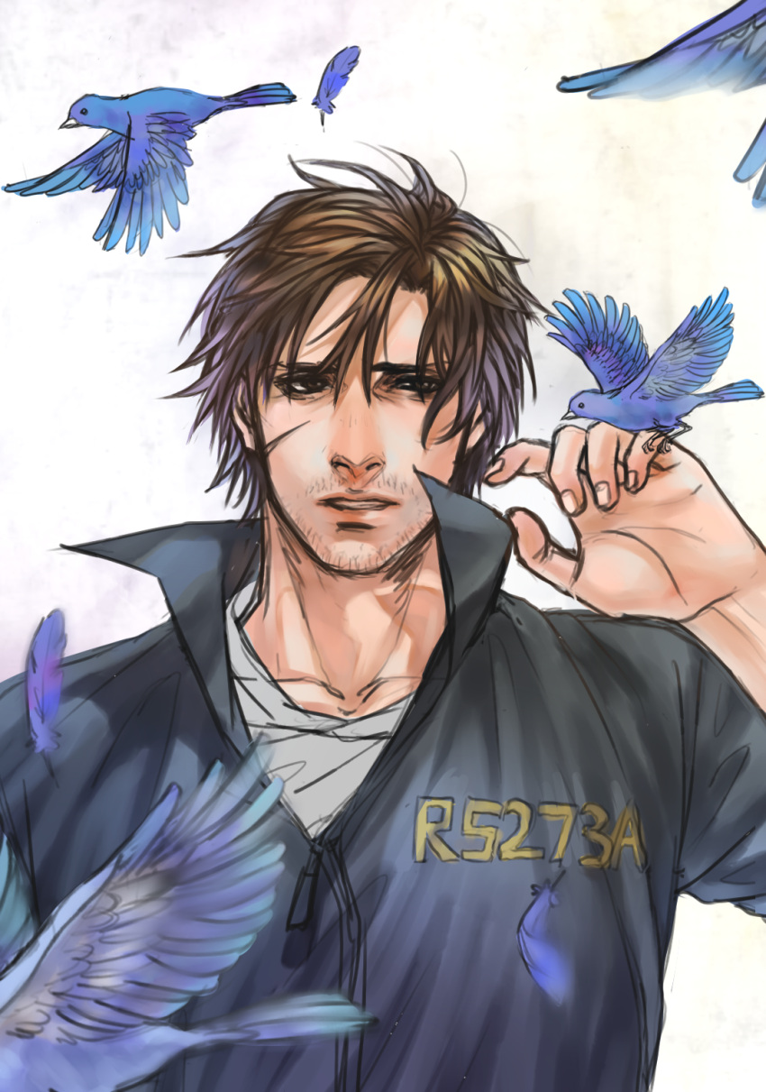 1boy, bird, black_eyes, brown_eyes, brown_hair, cang_fade, facial_hair, feathers
