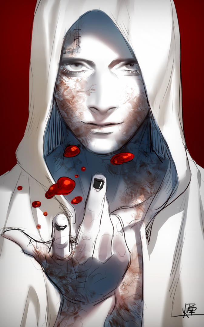 1boy, beckoning, black_nails, burn_scar, cang_fade, grey_eyes, hood, male_focus