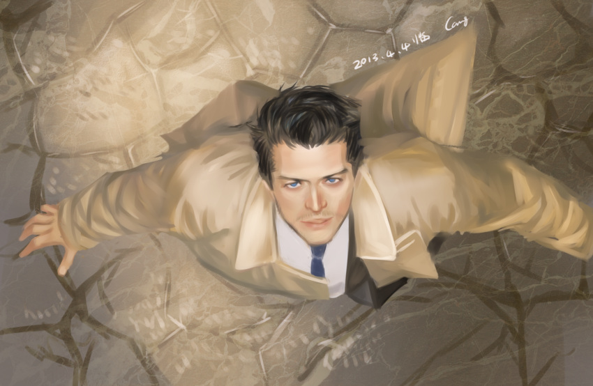 1boy, blue_eyes, brown_hair, cang_fade, castiel, cobblestone, facial_hair, from_above, highres, looking_up, male_focus, necktie, realistic, solo, stubble, supernatural_(tv_series), trench_coat
