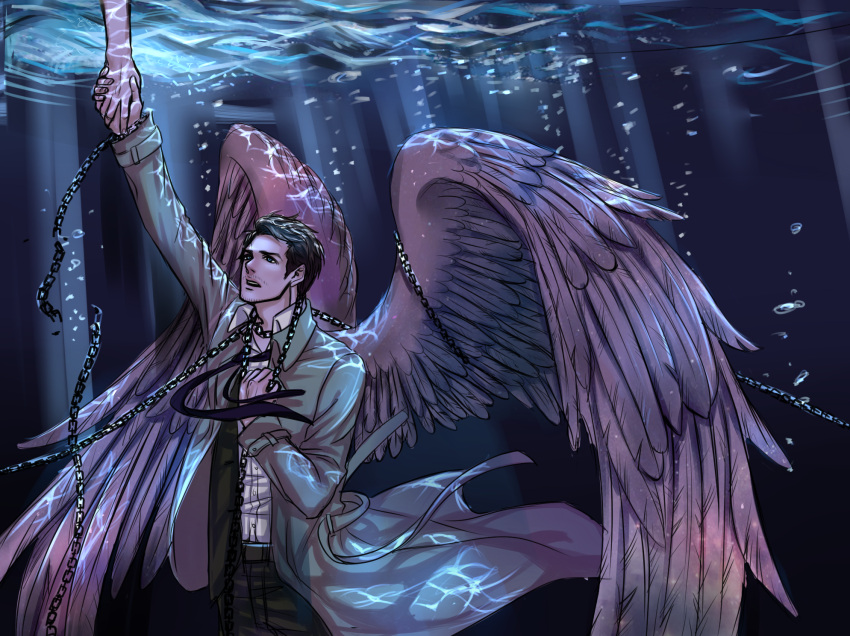1boy, angel_wings, black_hair, cang_fade, castiel, chain, facial_hair, highres