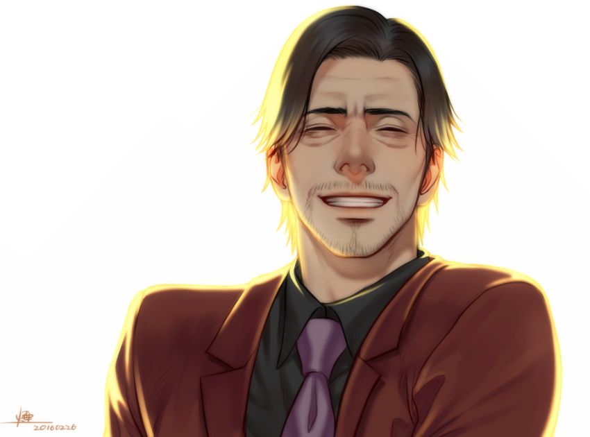 1boy, ^_^, black_hair, black_shirt, cang_fade, closed_eyes, dated, facial_hair