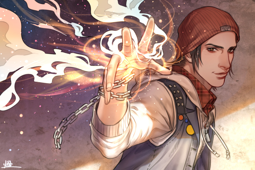 1boy, beanie, brown_eyes, brown_hair, cang_fade, chain, delsin_rowe, dust