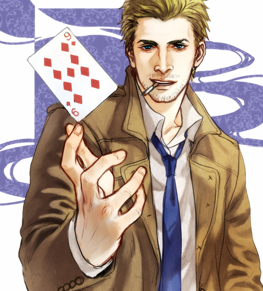 1boy, blonde_hair, blue_eyes, cang_fade, card, cigarette, constantine, facial_hair