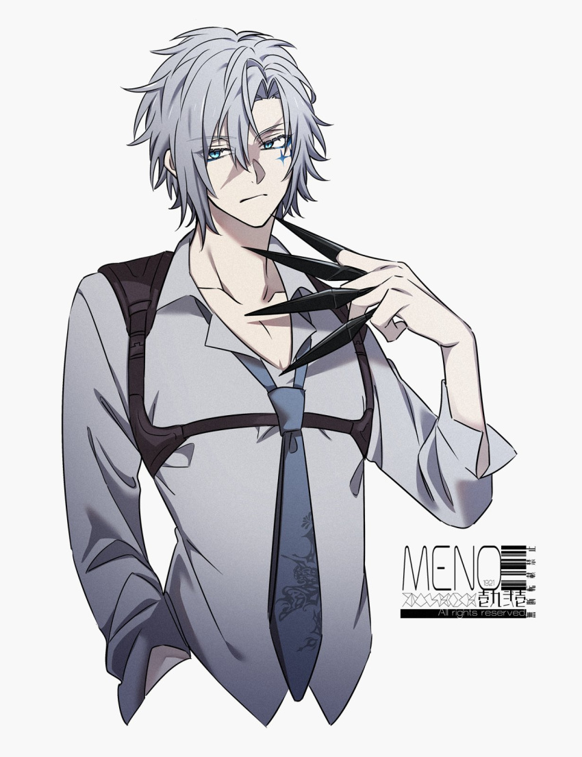 1boy, artist_name, blue_eyes, blue_neckwear, closed_mouth, collarbone, eyebrows_visible_through_hair, eyes_visible_through_hair