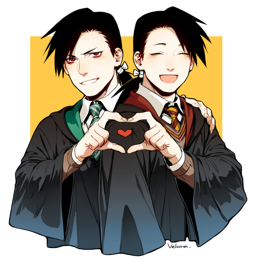 2boys, ^_^, black_hair, bow, cang_fade, closed_eyes, crossover, dual_persona