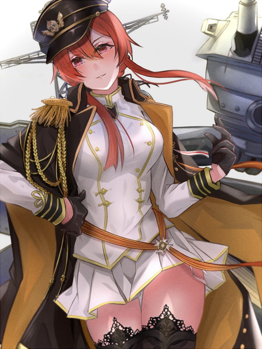 1girl, aiguillette, artillery, azur_lane, black_gloves, black_headwear, black_legwear, cloak, double-breasted, epaulettes, eyebrows_visible_through_hair, genshi_usagi, gloves, gold_trim, half_gloves, highres, jacket, long_hair, looking_at_viewer, miniskirt, monarch_(azur_lane), red_eyes, redhead, rigging, simple_background, skirt, solo, thigh-highs, thigh_gap, thighs, turret, white_jacket, white_skirt, zettai_ryouiki