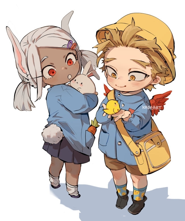 1boy, 1girl, :<, :o, animal, animal_ears, bag, bird