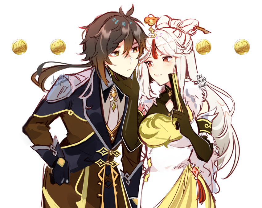 1boy, 1girl, bangs, bare_shoulders, black_gloves, black_hair, blush, breasts
