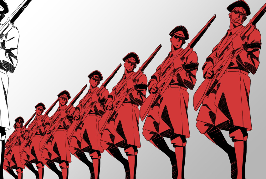 2girls, 5boys, annie_leonhardt, bertolt_hoover, facial_hair, glasses, gun, hat