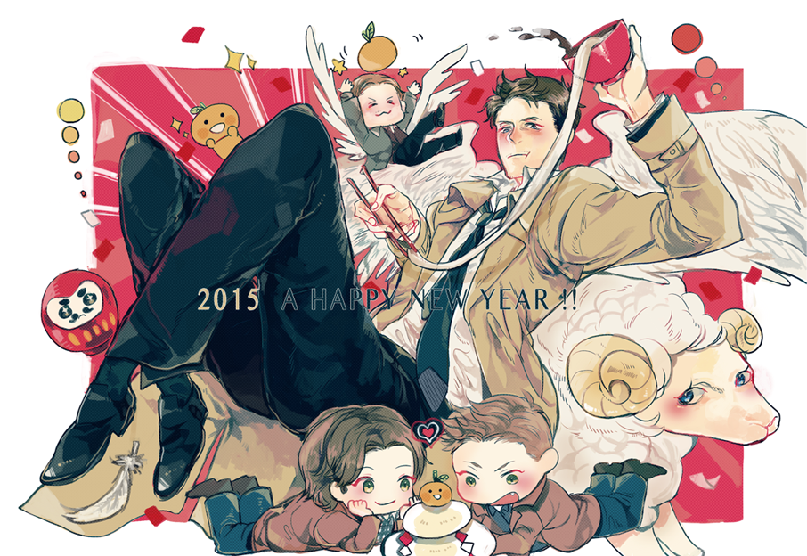 2015, 4boys, angel_wings, black_hair, blue_eyes, brown_hair, castiel, chibi, chinese_zodiac, daruma_doll, dean_winchester, facial_hair, fang, gabriel_(supernatural), green_eyes, half-closed_eyes, horns, kagami_mochi, long_coat, mikann0206, mochi, multiple_boys, multiple_wings, new_year, sam_winchester, seraph, sheep, sheep_horns, stubble, supernatural_(tv_series), trench_coat, wings, year_of_the_goat