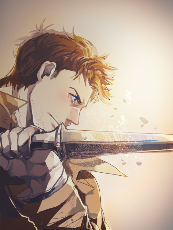 1boy, blue_eyes, brown_hair, castiel, close-up, dagger, determined, facial_hair