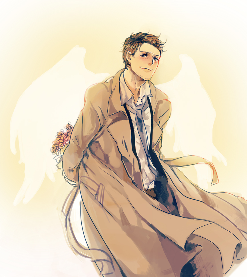 1boy, angel_wings, behind_back, blue_eyes, blush, bouquet, brown_hair, castiel, facial_hair, flower, looking_at_viewer, male_focus, mikann0206, necktie, smile, solo, stubble, supernatural_(tv_series), trench_coat, wings