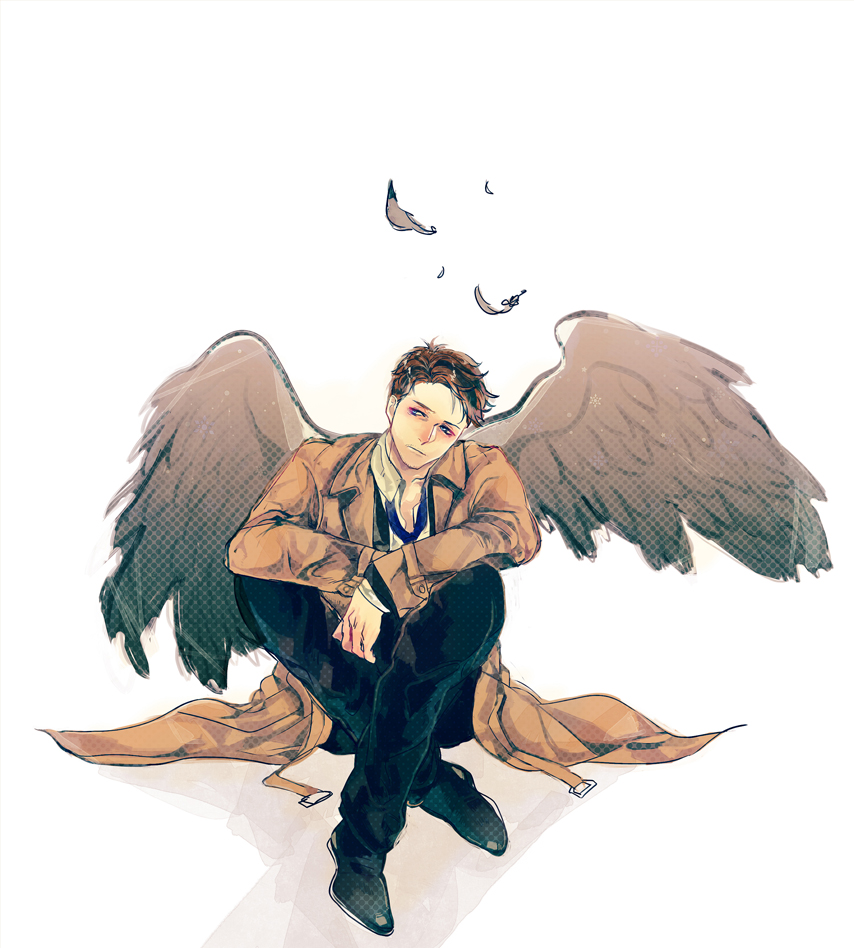 1boy, blue_eyes, brown_hair, castiel, crossed_legs, feathers, male_focus, mikann0206