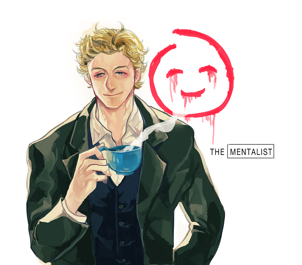 1boy, blonde_hair, blue_eyes, cup, male_focus, mikann0206, patrick_jane, smile