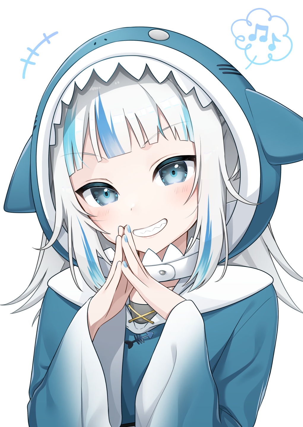 1girl, animal_hood, bangs, blue_hair, blue_hoodie, blue_nails, blush, commentary_request