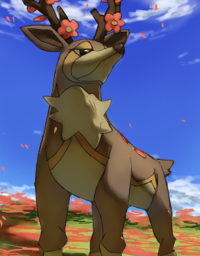 antlers, black_eyes, blue_sky, commentary, day, english_commentary, flower, gen_5_pokemon