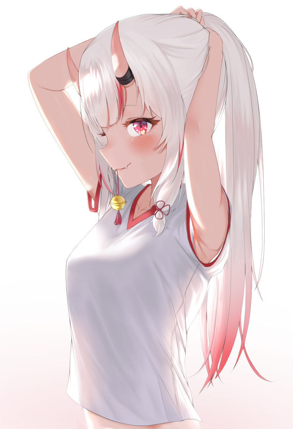 1girl, alternate_costume, armpit_peek, bell, blush, breasts, fang, from_side