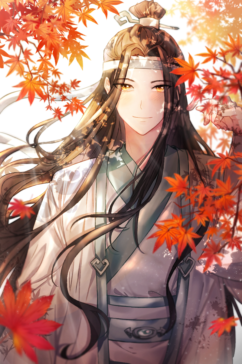 1boy, autumn_leaves, black_hair, brown_eyes, chinese_clothes, day, hair_ornament, hair_ribbon