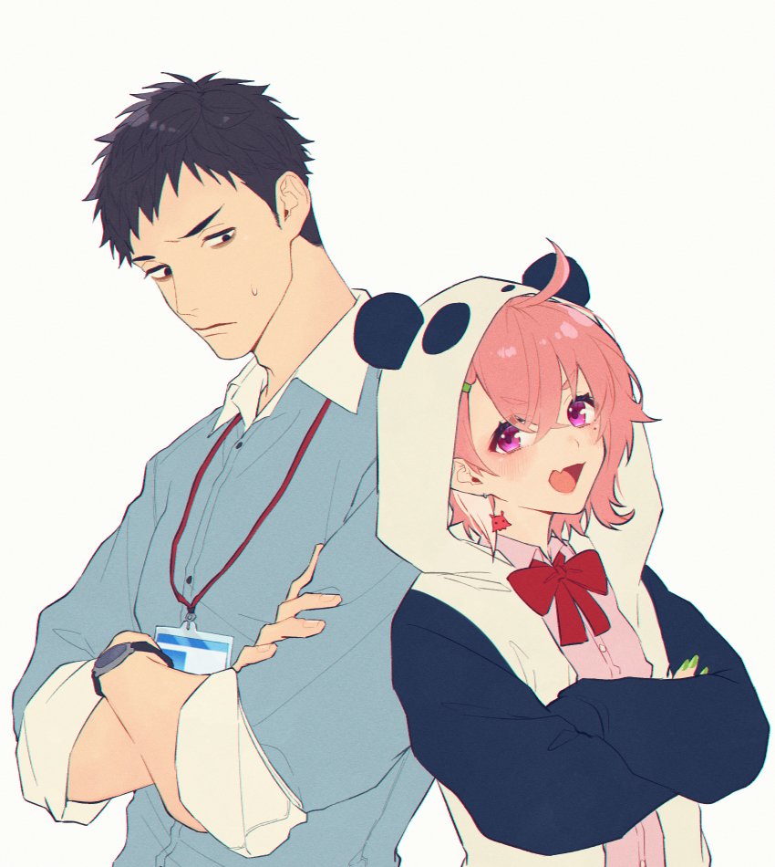 1boy, 1girl, ahoge, animal_ears, animal_hood, back-to-back, black_eyes, black_hair, bow, bowtie, collared_shirt, crossed_arms, earrings, eyebrows_visible_through_hair, fang, green_nails, hair_ornament, hairclip, hood, hood_up, hooded_jacket, id_card, jacket, jewelry, lanyard, mole, mole_under_eye, nail_polish, nijisanji, open_clothes, open_jacket, open_mouth, panda_ears, panda_hood, pink_eyes, pink_hair, pink_shirt, red_neckwear, sasaki_saku, shirt, short_hair, simple_background, skin_fang, smile, sweatdrop, taki_(ckwb_0), upper_body, virtual_youtuber, watch, watch, white_background, yashiro_kizuku