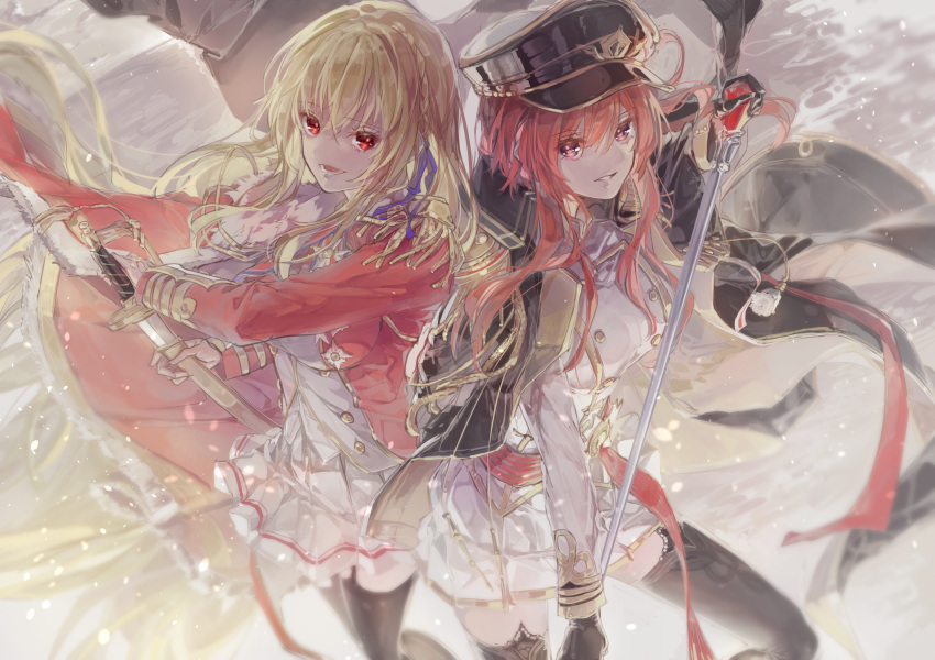 2girls, absurdres, aiguillette, azur_lane, black_coat, black_gloves, black_headwear, black_legwear