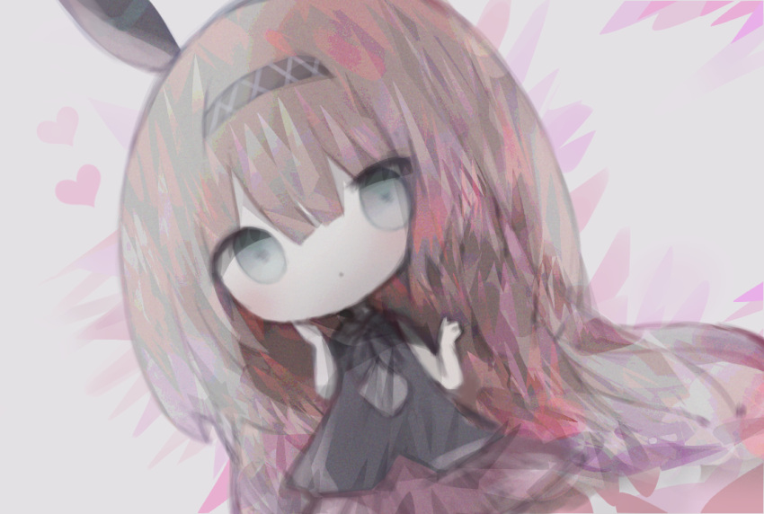 1girl, bangs, bare_arms, bare_shoulders, big_head, black_dress, black_hairband, brown_hair