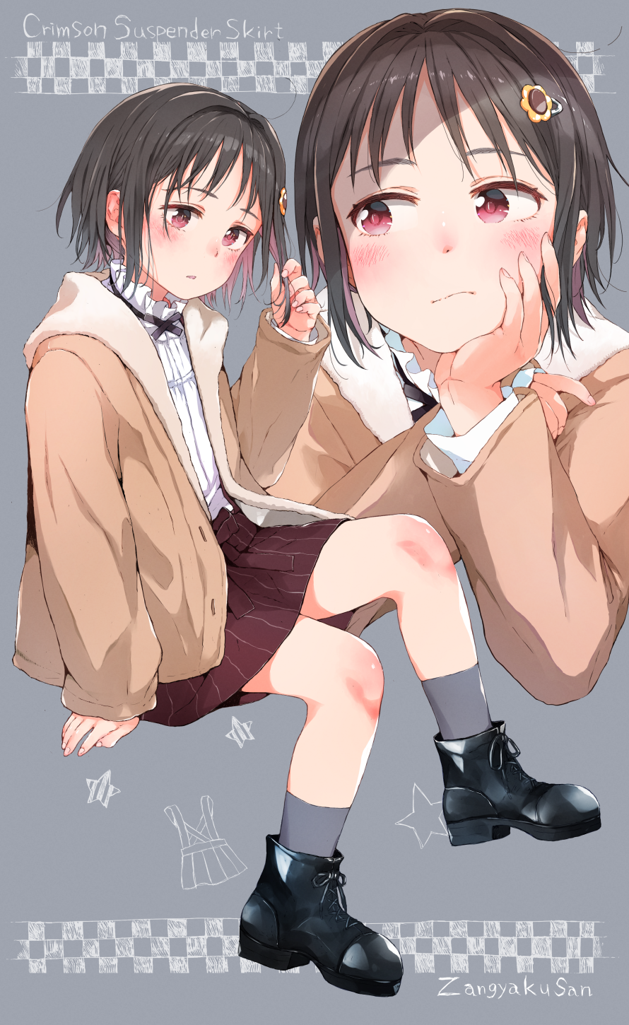 1girl, ano_ko_wa_toshi_densetsu, black_footwear, black_hair, blush, brown_hair, brown_jacket, brown_skirt