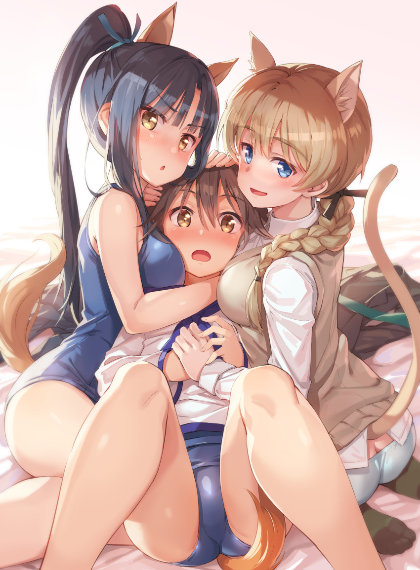 3girls, :d, :o, absurdres, animal_ears, aqua_panties, ass, bangs, bare_legs, bed_sheet, black_hair, black_ribbon, blonde_hair, blue_eyes, blue_ribbon, blue_swimsuit, blunt_bangs, braid, breasts, brown_eyes, brown_hair, butt_crack, cat_ears, cat_girl, cat_tail, competition_swimsuit, girl_sandwich, green_legwear, hair_ribbon, hand_on_another's_head, hattori_shizuka, high_ponytail, highres, holding_hands, legs_up, long_hair, long_sleeves, lying, lynette_bishop, medium_breasts, michairu, miyafuji_yoshika, multiple_girls, on_back, on_bed, one-piece_swimsuit, open_mouth, panties, ribbon, sandwiched, seiza, shirt, short_hair, single_braid, sitting, smile, socks, strike_witches, sweater_vest, swimsuit, tail, underwear, very_long_hair, white_shirt, world_witches_series, yellow_eyes, yuri