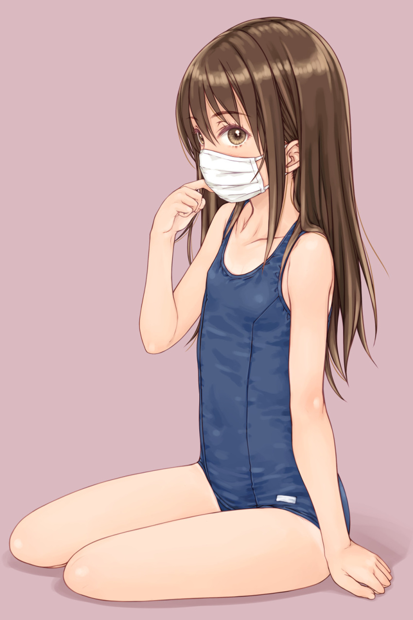 1girl, blue_swimsuit, brown_eyes, brown_hair, collarbone, commentary_request, flat_chest, focke_wulf