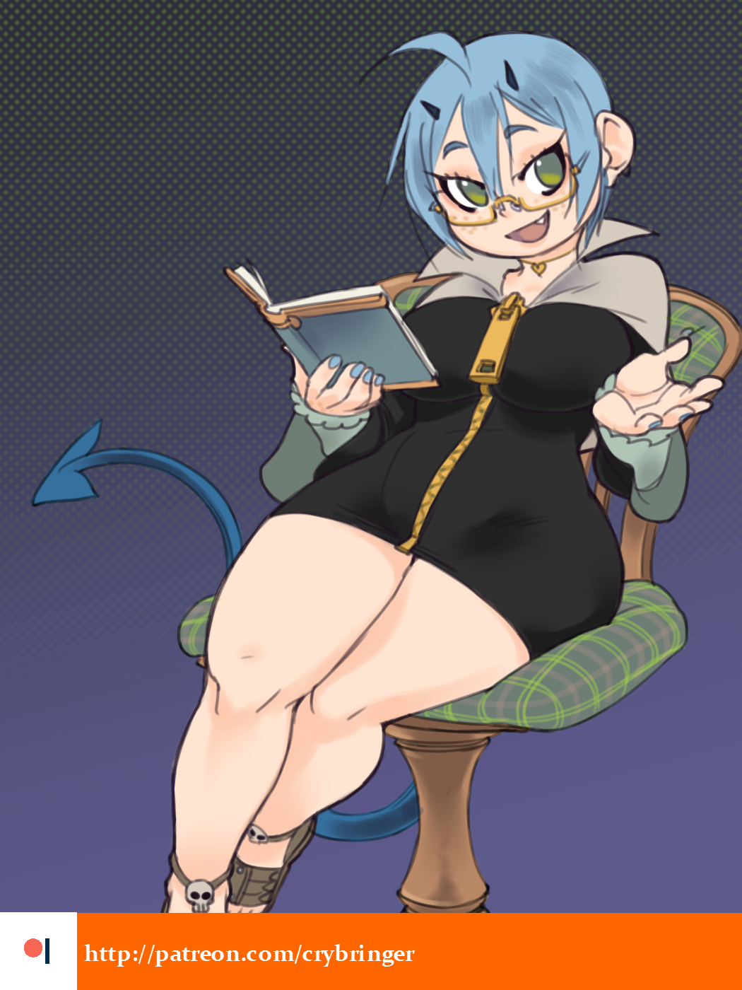 ahoge, blue_hair, blue_nails, book, breasts, chair, demon_girl, demon_mages