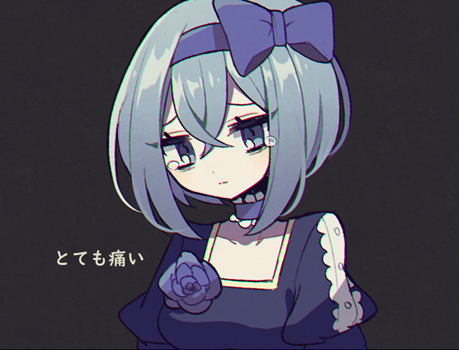 1girl, bags_under_eyes, bangs, black_background, blue_choker, blue_eyes, blue_hair, blush