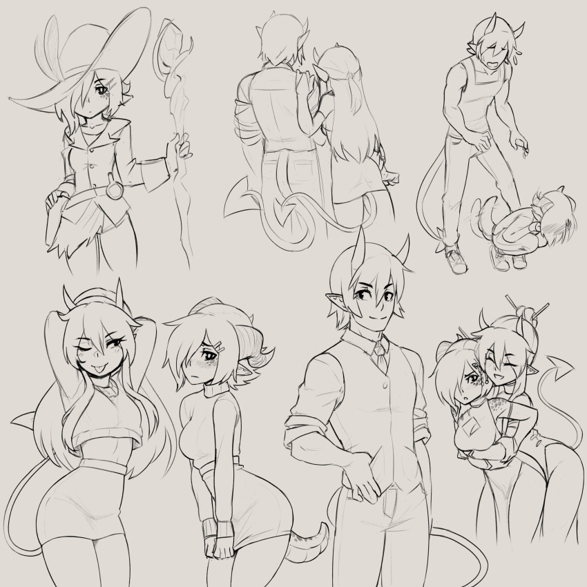 1boy, 2girls, :d, ;p, absurdres, arm_at_side, ass, bare_arms