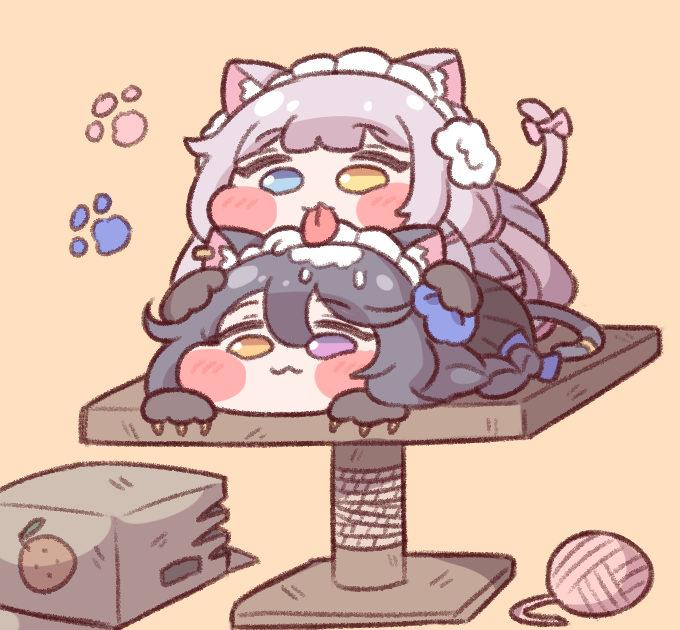 2girls, :3, :p, animal_ears, blue_eyes, blush_stickers, box, cat_ears
