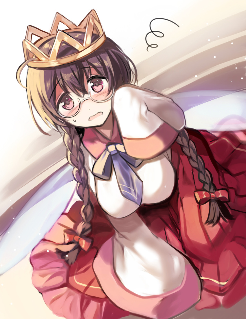 1girl, black_hair, blue_wings, bow, breasts, crown, fairy, fairy_wings