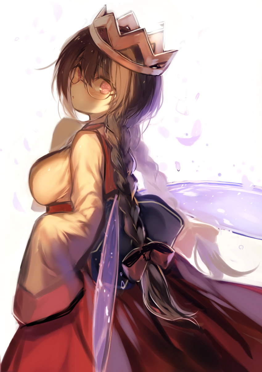 1girl, :o, bangs, black_hair, bow, braid, breasts, crown