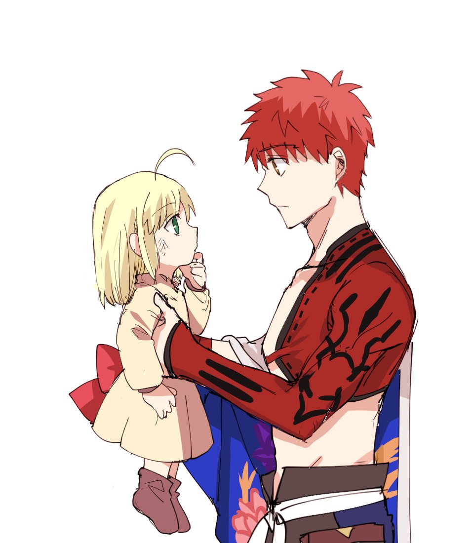 1boy, 1girl, age_difference, ahoge, appleale19, artoria_pendragon_(all), blonde_hair, emiya_shirou