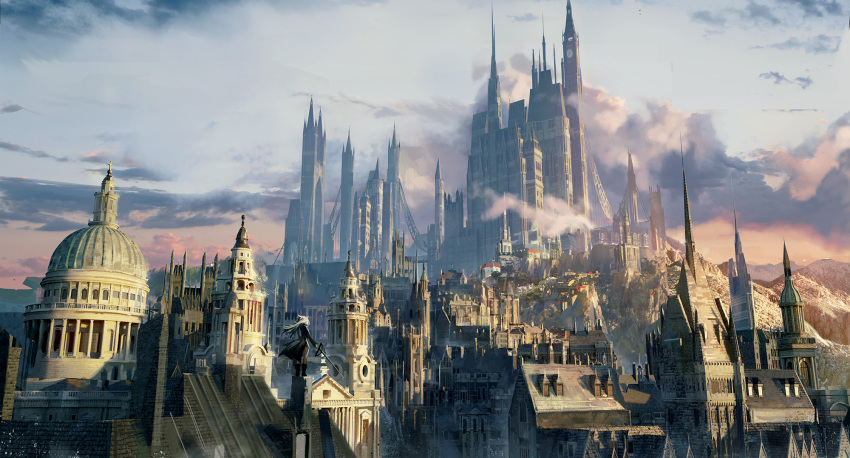 1girl, arknights, black_coat, building, castle, city, clouds, coat