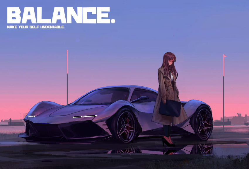 1girl, black_footwear, blue_sky, brown_coat, brown_hair, car, closed_eyes, coat