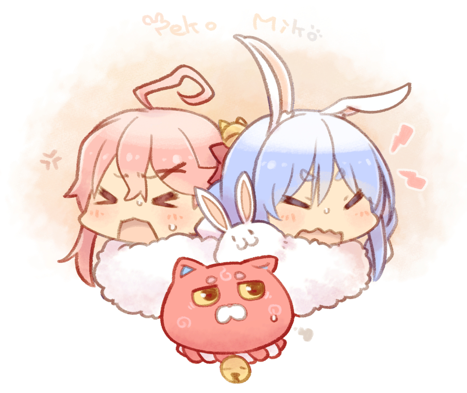 >_<, 2girls, ahoge, animal_ears, bangs, bell, blue_hair, blush