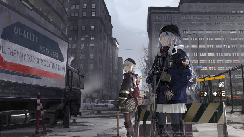 2girls, absurdres, agent_416_(girls_frontline), agent_vector_(girls_frontline), alternate_costume, assault_rifle, axe, bangs