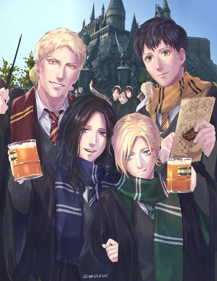 3girls, 4boys, :d, :q, animal_ears, annie_leonhardt, armin_arlert, bangs