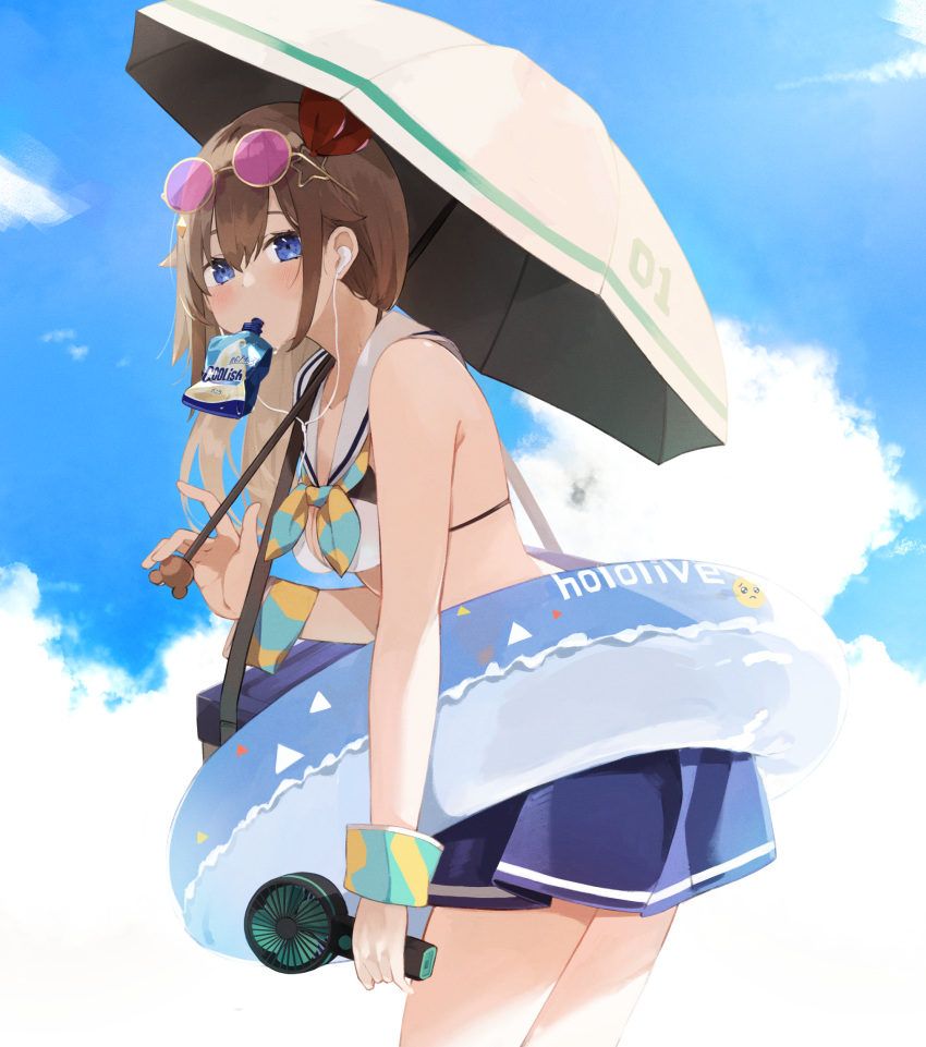 1girl, bag, bikini, bikini_skirt, blue_eyes, blue_sky, blush, breasts